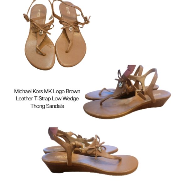 Michael Kors MK Logo Brown Leather T-Strap Low Wedge Thong Sandals - Picture 1 of 14